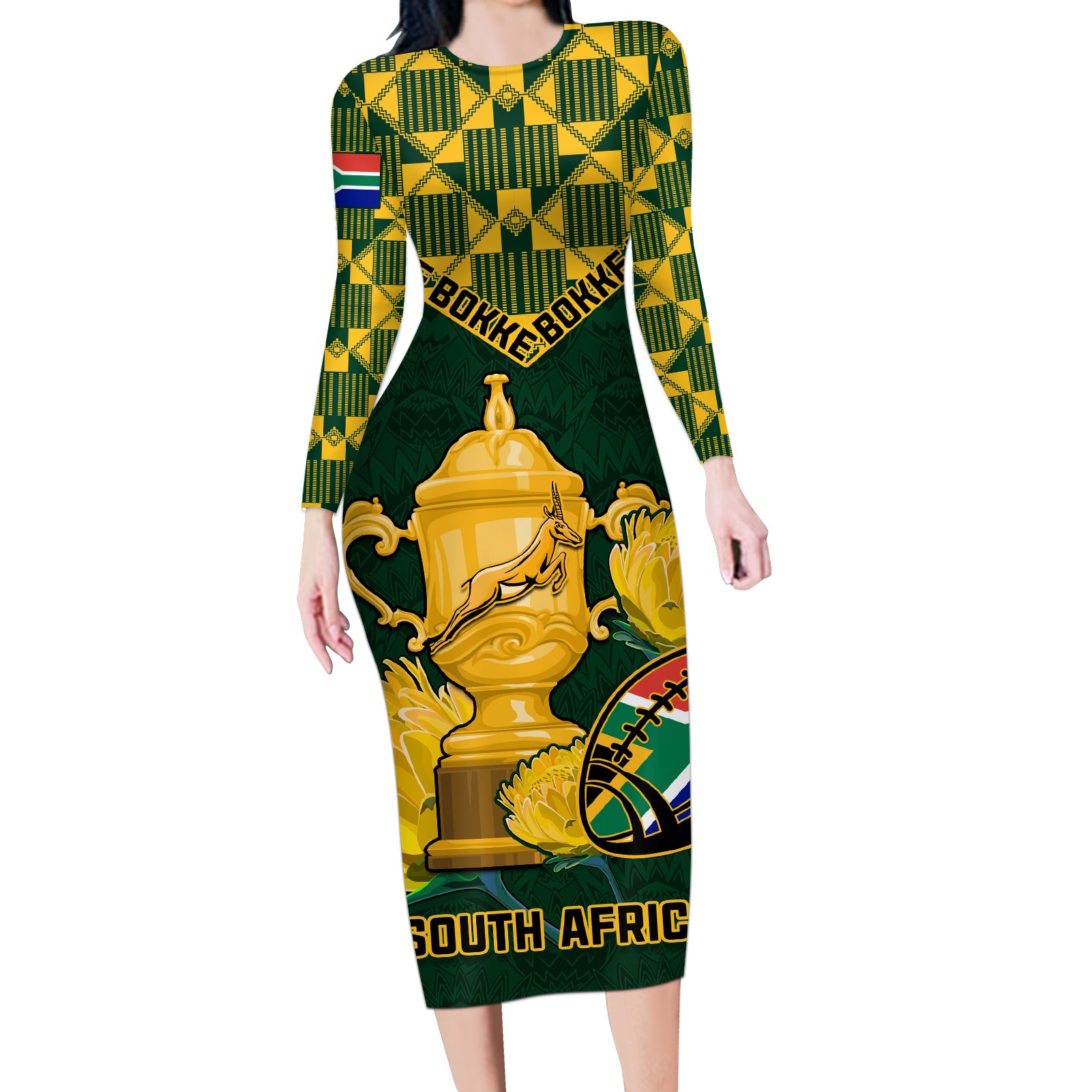 Custom South Africa Rugby Long Sleeve Bodycon Dress Go Bokke Champion 2023 World Cup - Wonder Print Shop