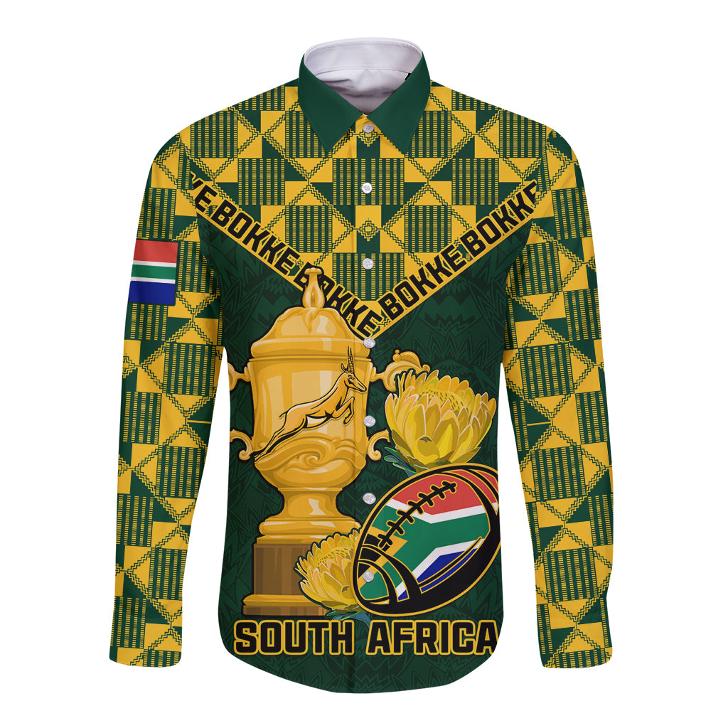 Custom South Africa Rugby Long Sleeve Button Shirt Go Bokke Champion 2023 World Cup - Wonder Print Shop