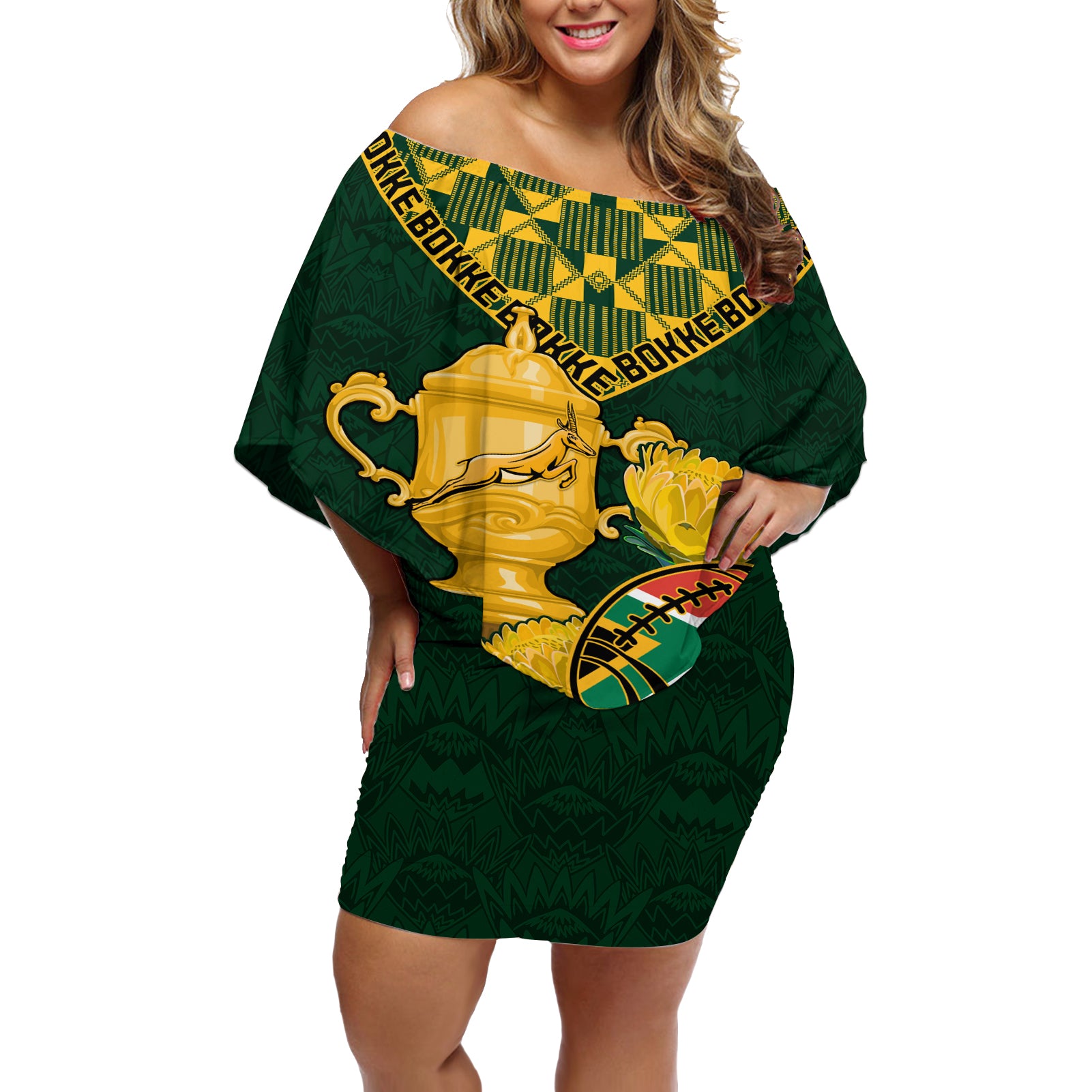 Custom South Africa Rugby Off Shoulder Short Dress Go Bokke Champion 2023 World Cup - Wonder Print Shop