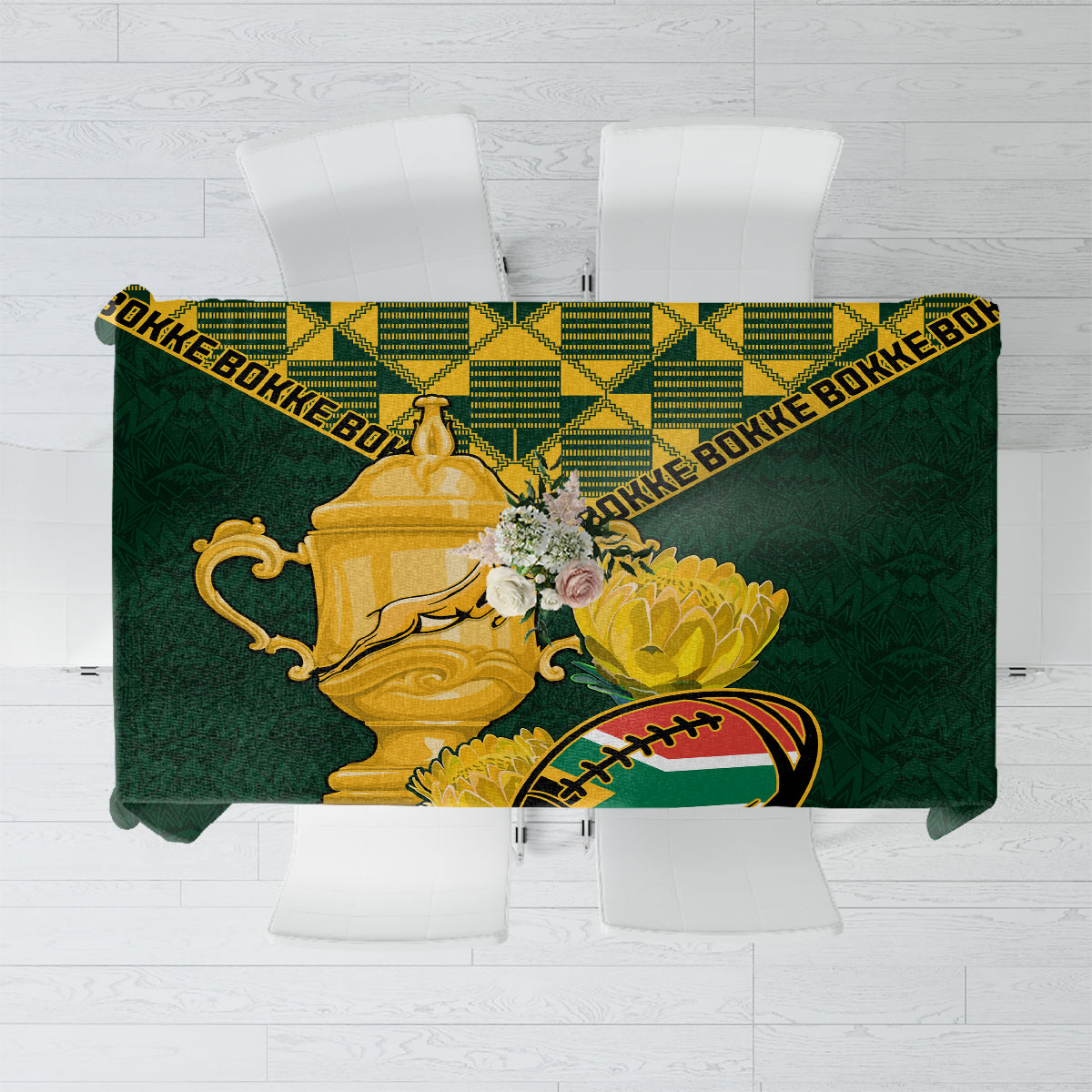 Green rugby tablecloth with crest, trophy and rugby ball graphic