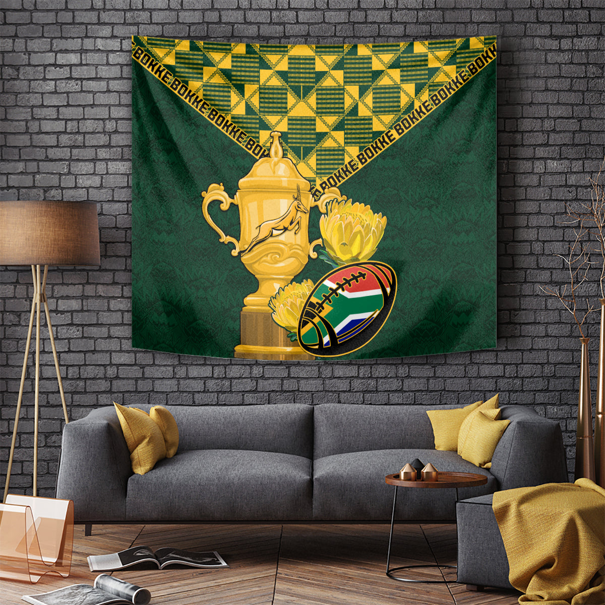 Green rugby tapestry with gold trophy, rugby ball, and repeating Bokke pattern across border