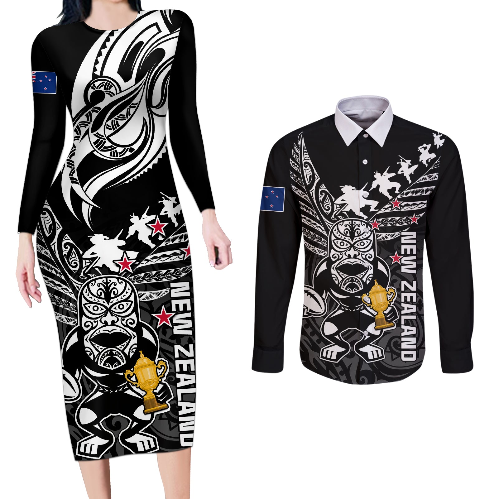 Custom New Zealand Silver Fern Rugby Couples Matching Long Sleeve Bodycon Dress and Long Sleeve Button Shirt Aotearoa Champion 2023 World Cup - Wonder Print Shop