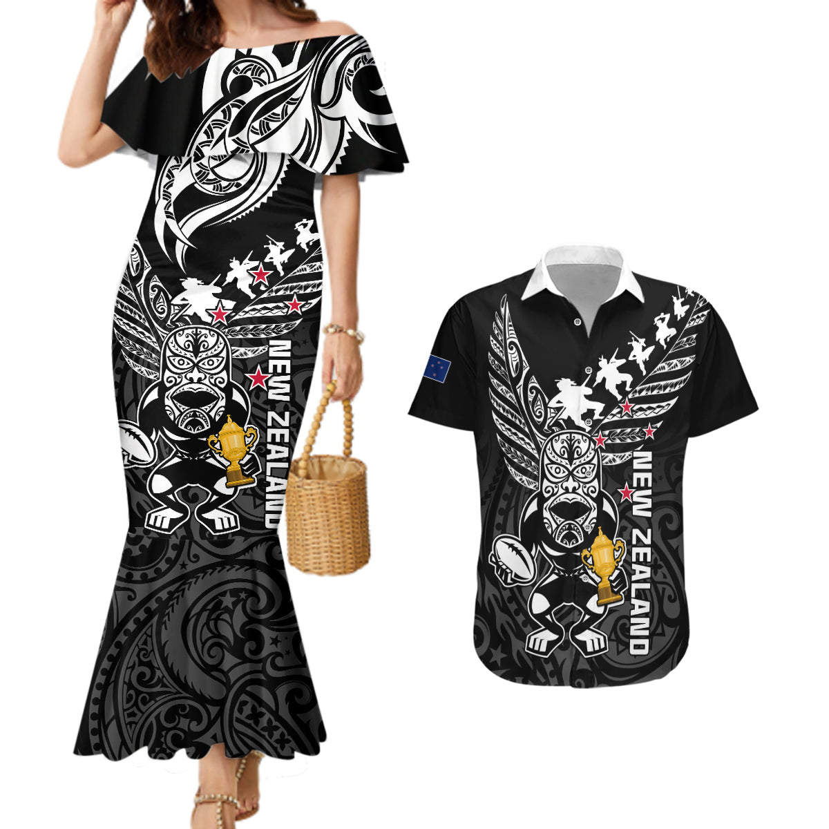 Custom New Zealand Silver Fern Rugby Couples Matching Mermaid Dress and Hawaiian Shirt Aotearoa Champion 2023 World Cup - Wonder Print Shop