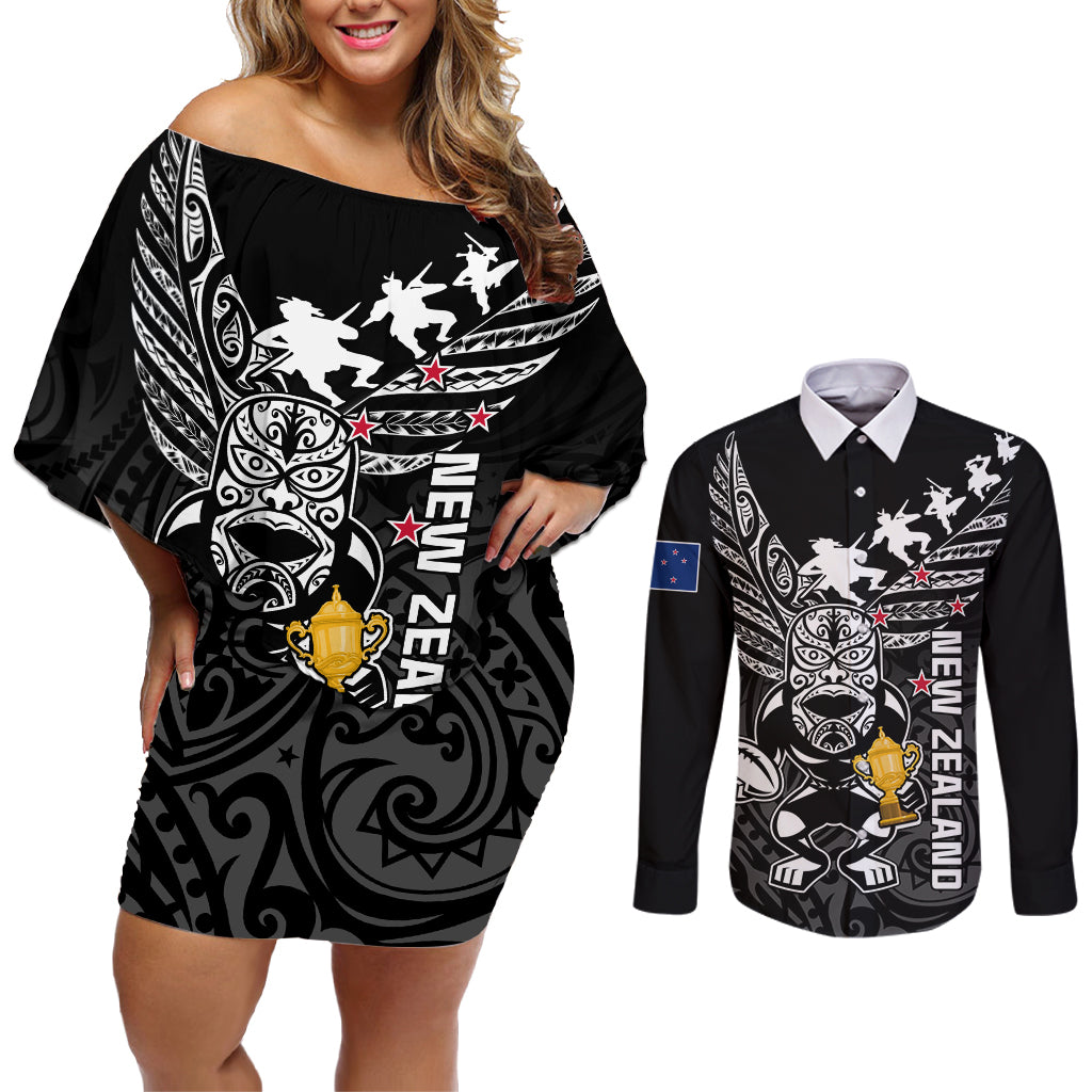 Custom New Zealand Silver Fern Rugby Couples Matching Off Shoulder Short Dress and Long Sleeve Button Shirt Aotearoa Champion 2023 World Cup - Wonder Print Shop