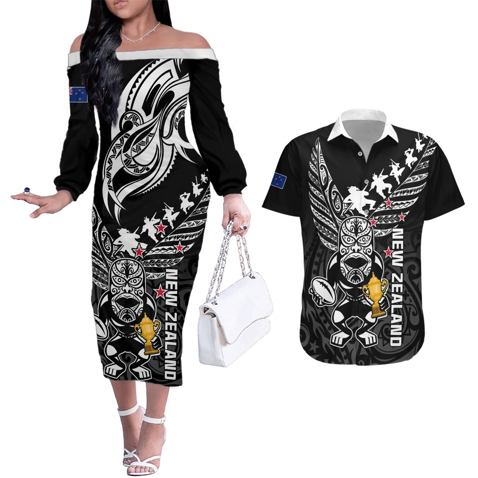 Custom New Zealand Silver Fern Rugby Couples Matching Off The Shoulder Long Sleeve Dress and Hawaiian Shirt Aotearoa Champion 2023 World Cup - Wonder Print Shop