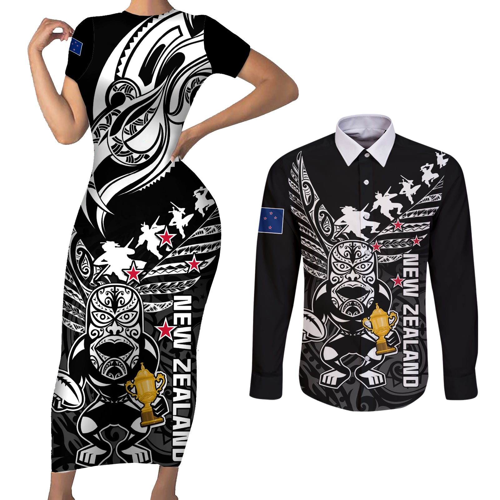 Custom New Zealand Silver Fern Rugby Couples Matching Short Sleeve Bodycon Dress and Long Sleeve Button Shirt Aotearoa Champion 2023 World Cup - Wonder Print Shop