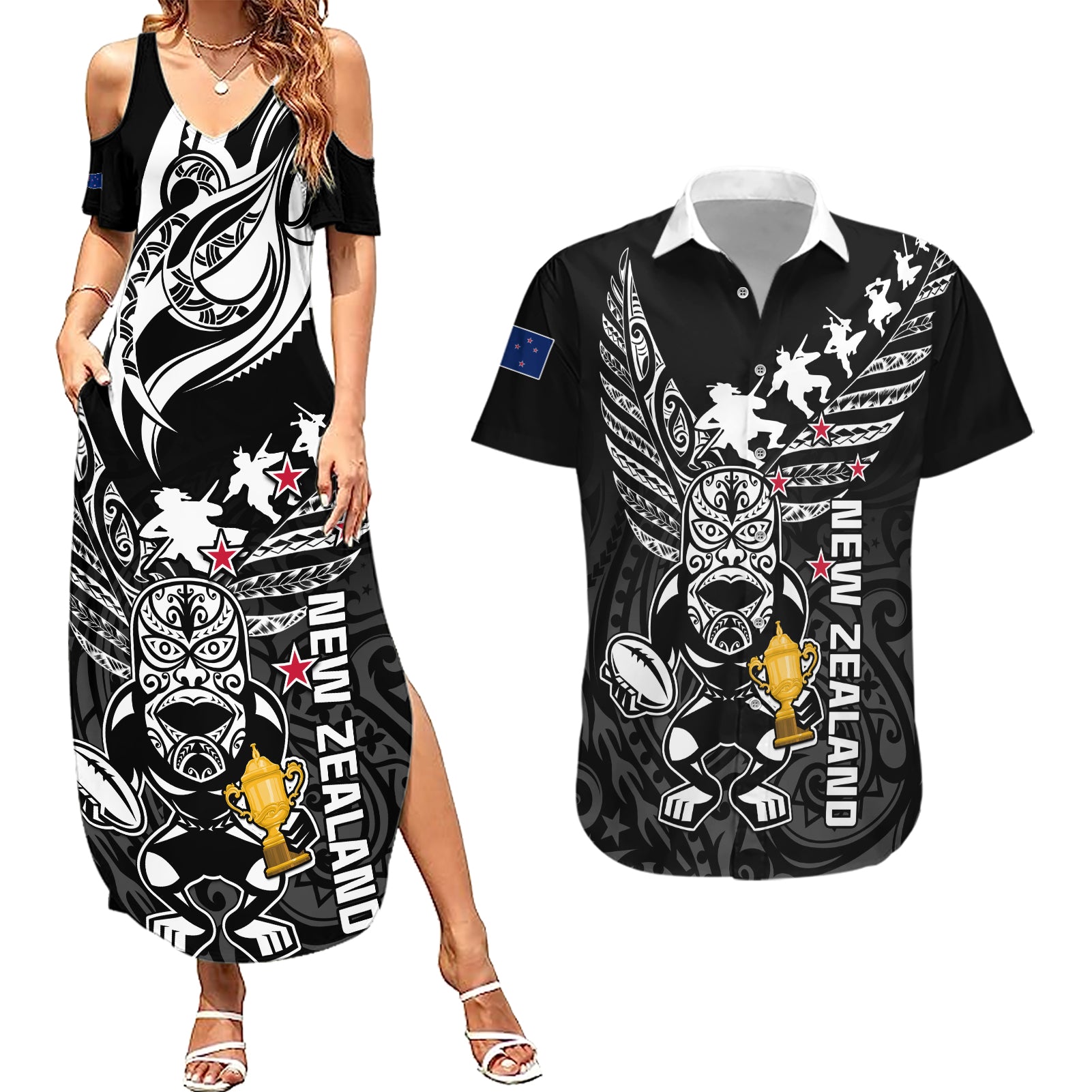 Custom New Zealand Silver Fern Rugby Couples Matching Summer Maxi Dress and Hawaiian Shirt Aotearoa Champion 2023 World Cup - Wonder Print Shop