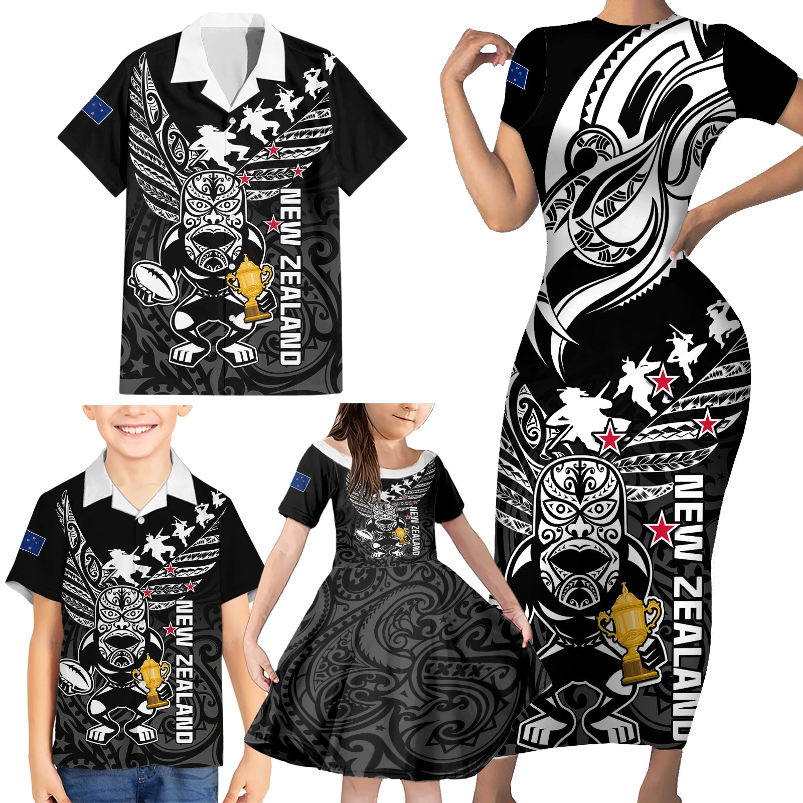 Custom New Zealand Silver Fern Rugby Family Matching Short Sleeve Bodycon Dress and Hawaiian Shirt Aotearoa Champion 2023 World Cup - Wonder Print Shop