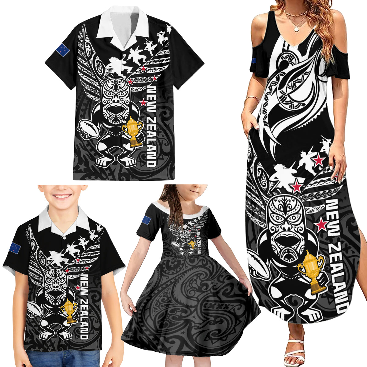 Custom New Zealand Silver Fern Rugby Family Matching Summer Maxi Dress and Hawaiian Shirt Aotearoa Champion 2023 World Cup - Wonder Print Shop