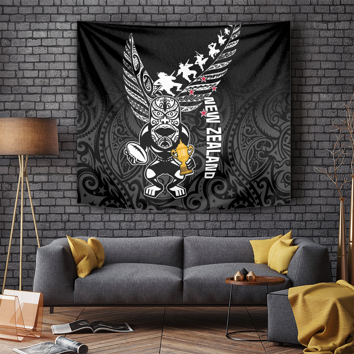 Black tapestry with silver fern, New Zealand lettering, and trophy mascot graphic