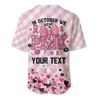Personalized In October We Wear Pink Baseball Jersey Pink Pretty Bow Pastel Gingham - Wonder Print Shop