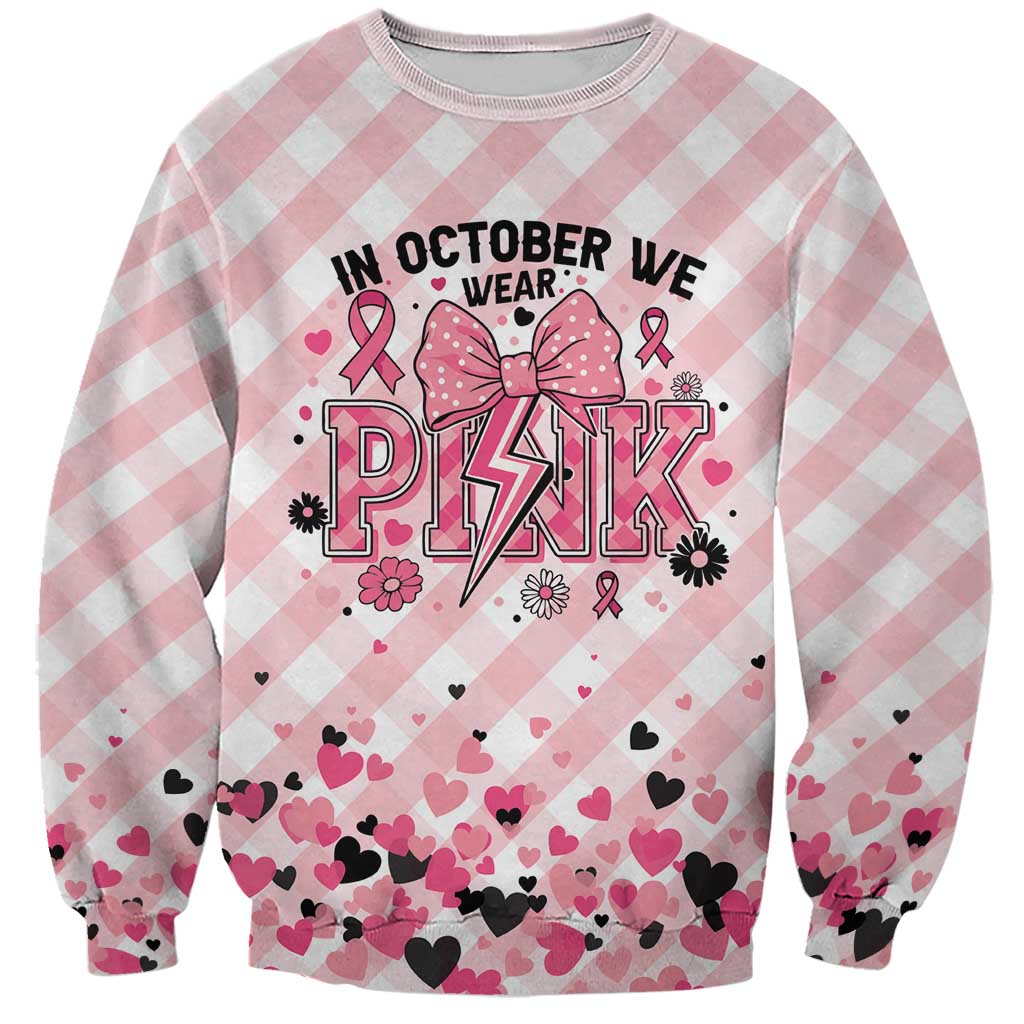 Personalized In October We Wear Pink Sweatshirt Pink Pretty Bow Pastel Gingham - Wonder Print Shop