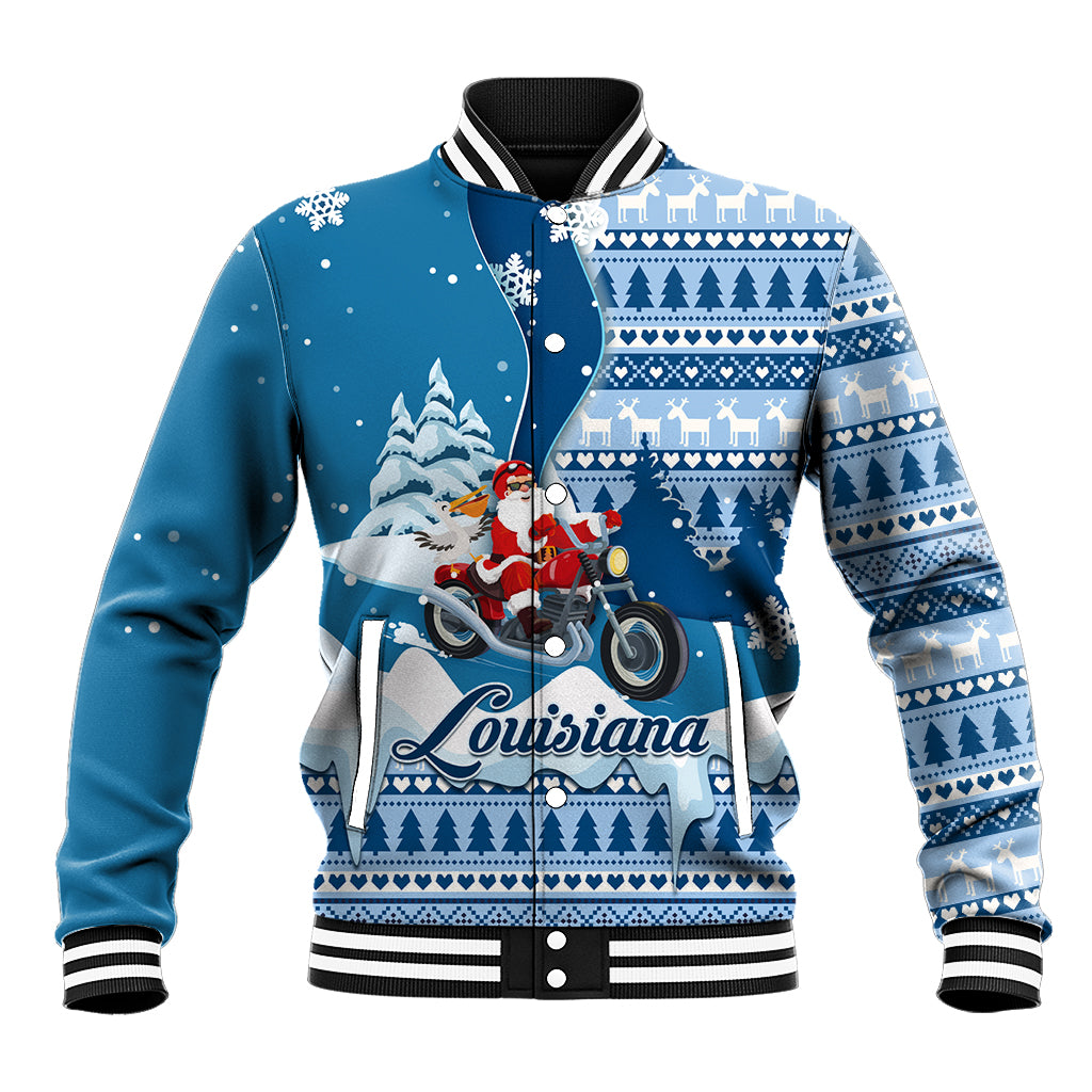 Blue baseball jacket, ribbed collar; Santa on motorcycle with winter graphic
