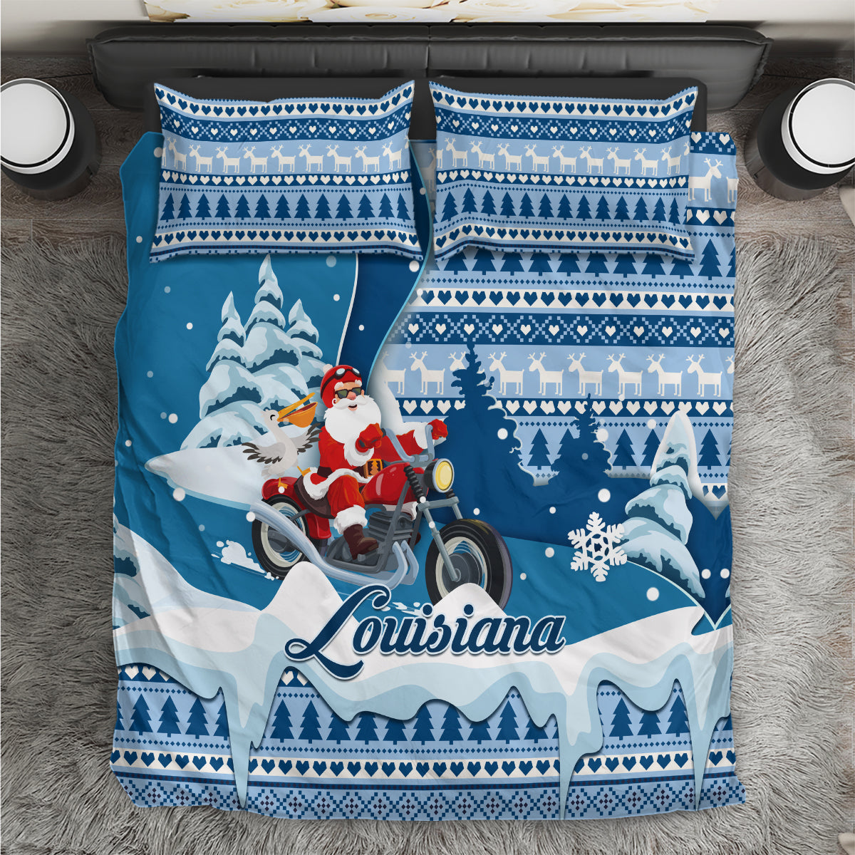 Blue Christmas bedding set: Santa on motorcycle, Louisiana text, winter pattern.