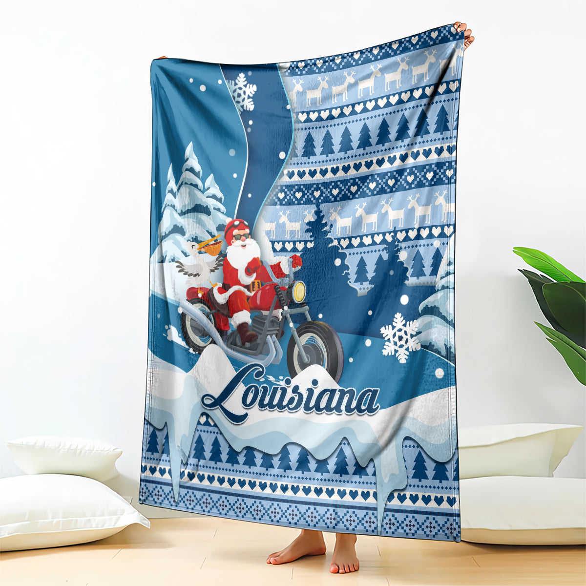 Blue Christmas throw blanket with Santa on a motorcycle and Louisiana script, snowy winter design
