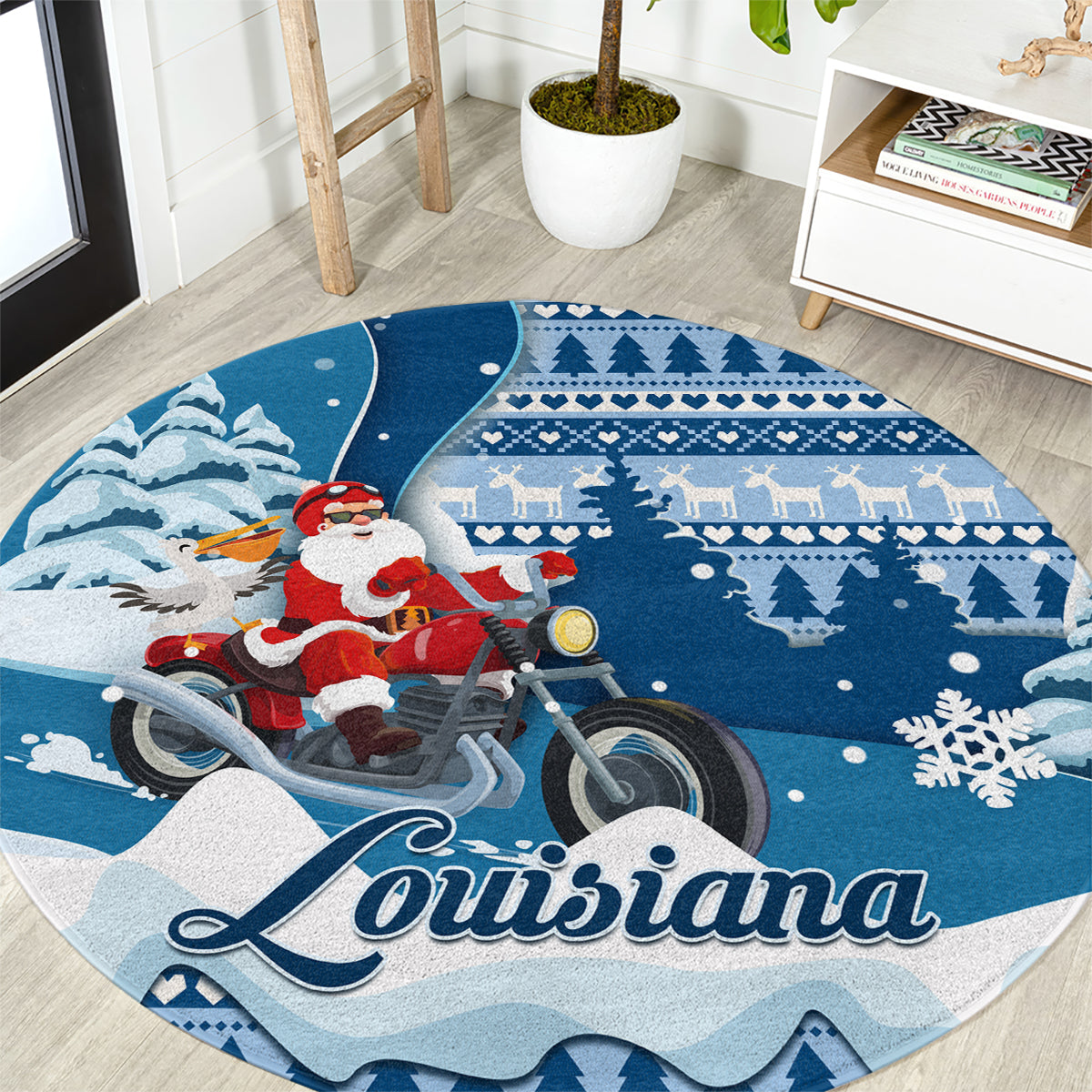 Blue round carpet rug with Santa on a motorcycle and 'Louisiana' lettering, winter design