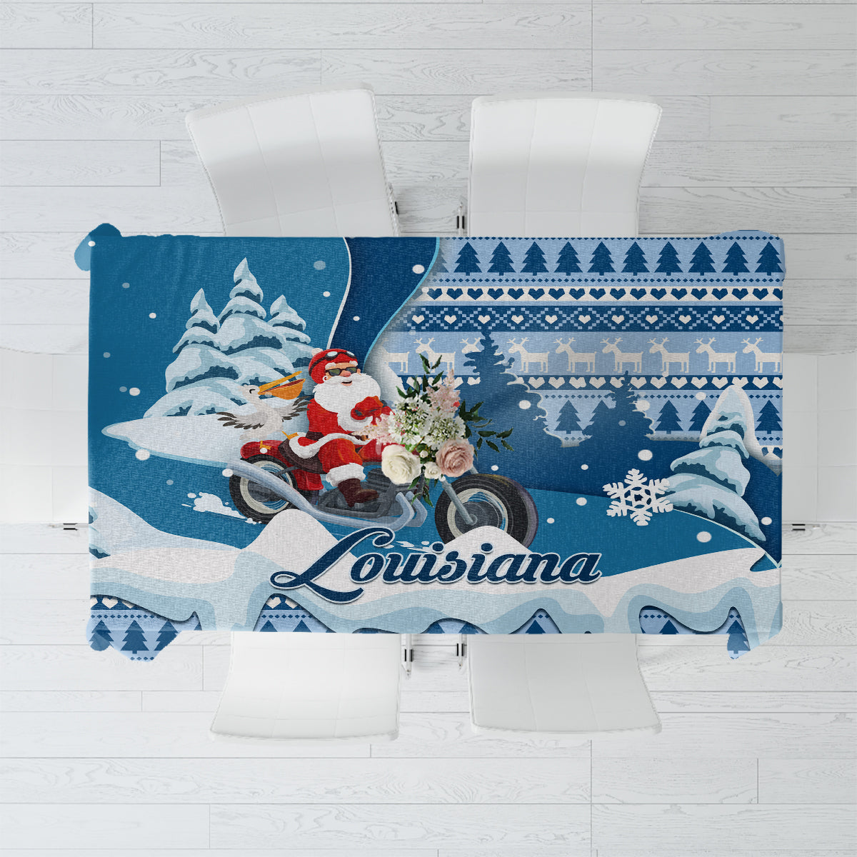 Blue Christmas tablecloth with Santa riding a motorcycle, Louisiana script, and winter motifs