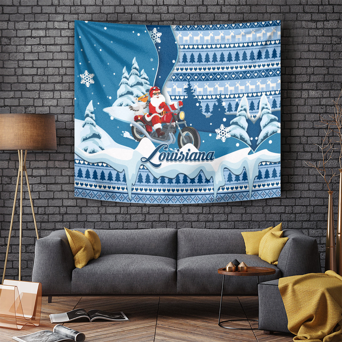 Blue holiday tapestry featuring Santa on a motorcycle with winter trees and “Louisiana” text.