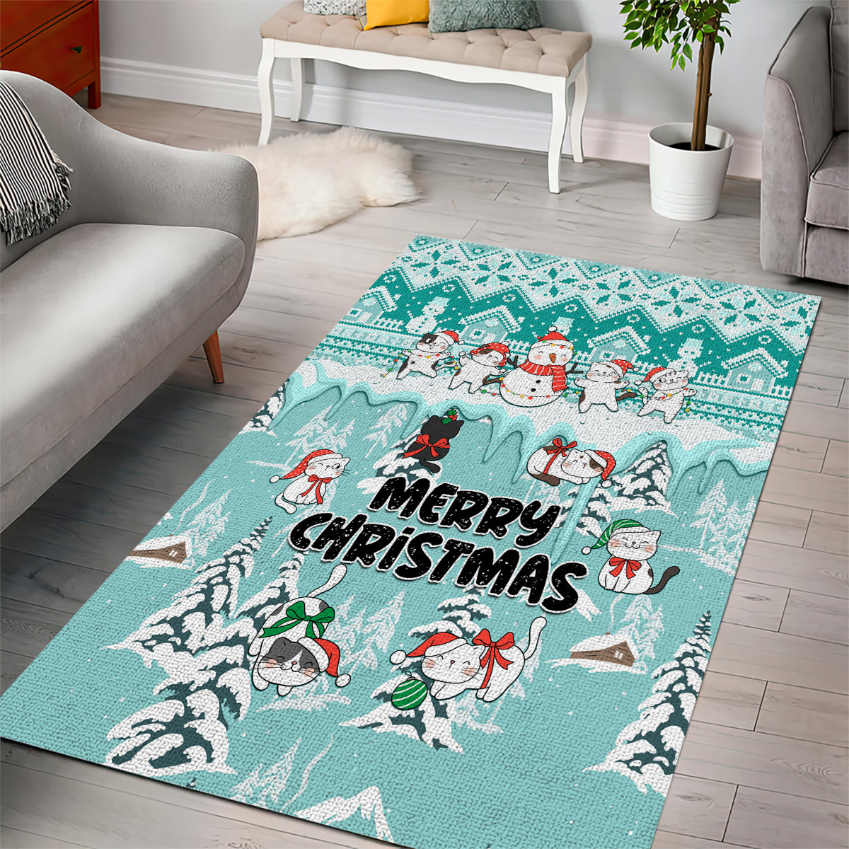 Turquoise Christmas area rug with 'Merry Christmas' and cartoon cats across winter scene