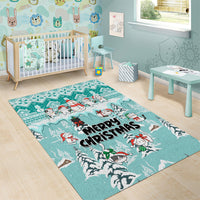 Turquoise Christmas area rug with 'Merry Christmas' and cartoon cats with snowman characters