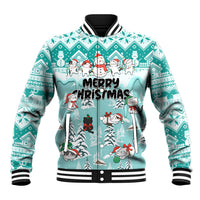 Turquoise Christmas cat baseball jacket with snowmen, front graphic and striped collar