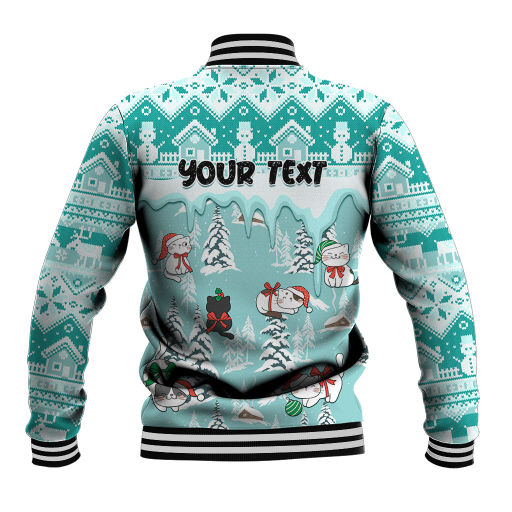 Turquoise Christmas cat baseball jacket with snowmen, back graphic and striped ribbed hem