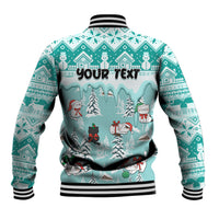 Turquoise Christmas cat baseball jacket with snowmen, back graphic and striped ribbed hem