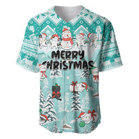 Turquoise Christmas baseball jersey with cat and snowman print, 'MERRY CHRISTMAS' front