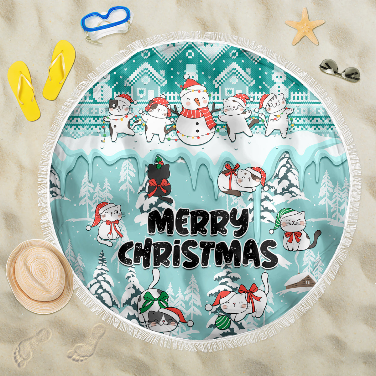 Turquoise round beach blanket with fringe, Merry Christmas cats and snowmen design