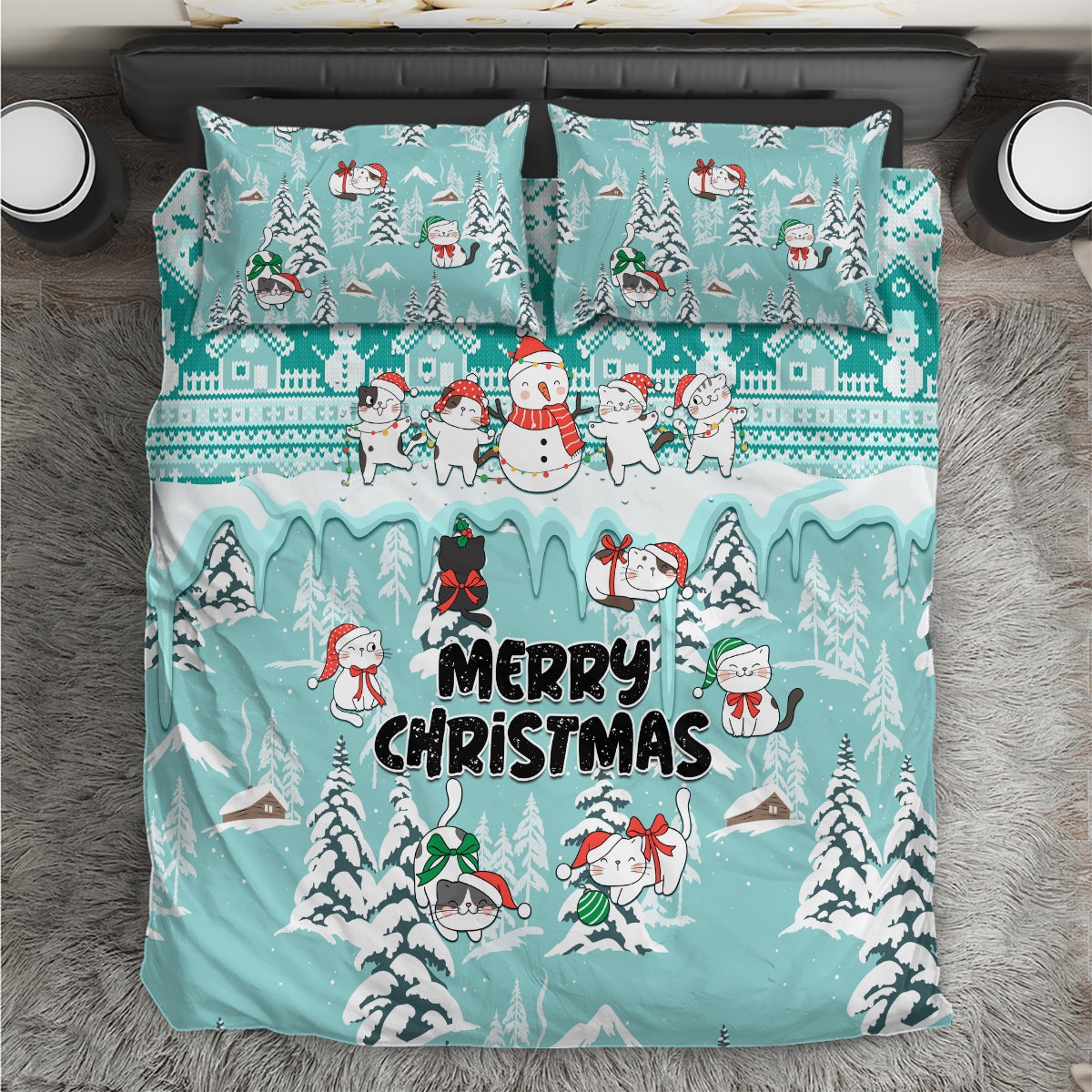 Turquoise Christmas bedding set with cats, snowmen, and “Merry Christmas” text