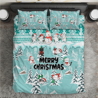 Turquoise Christmas bedding set with cats, snowmen, and “Merry Christmas” text