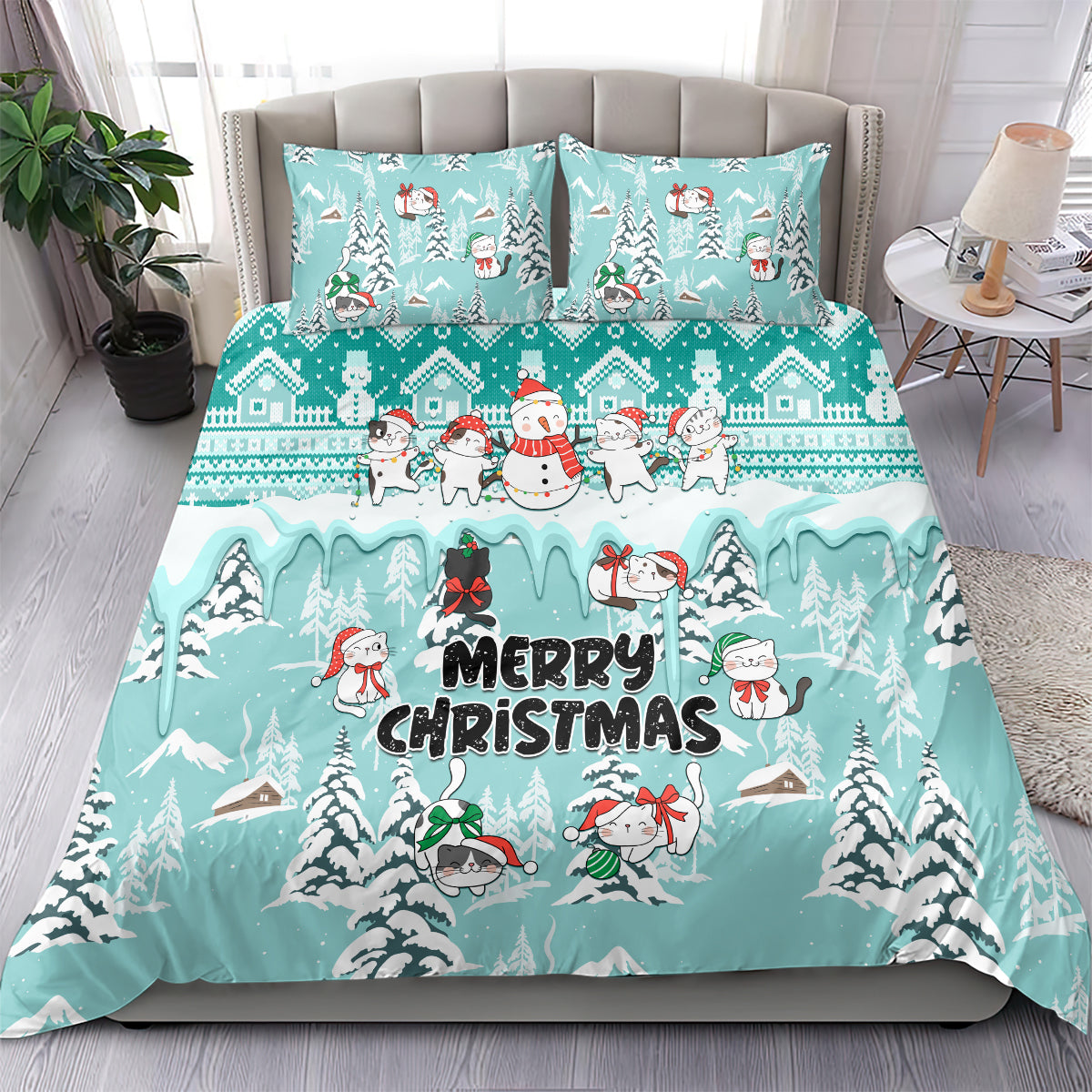 Turquoise Christmas bedding set with cartoon cats, snowflakes, trees, and “Merry Christmas”