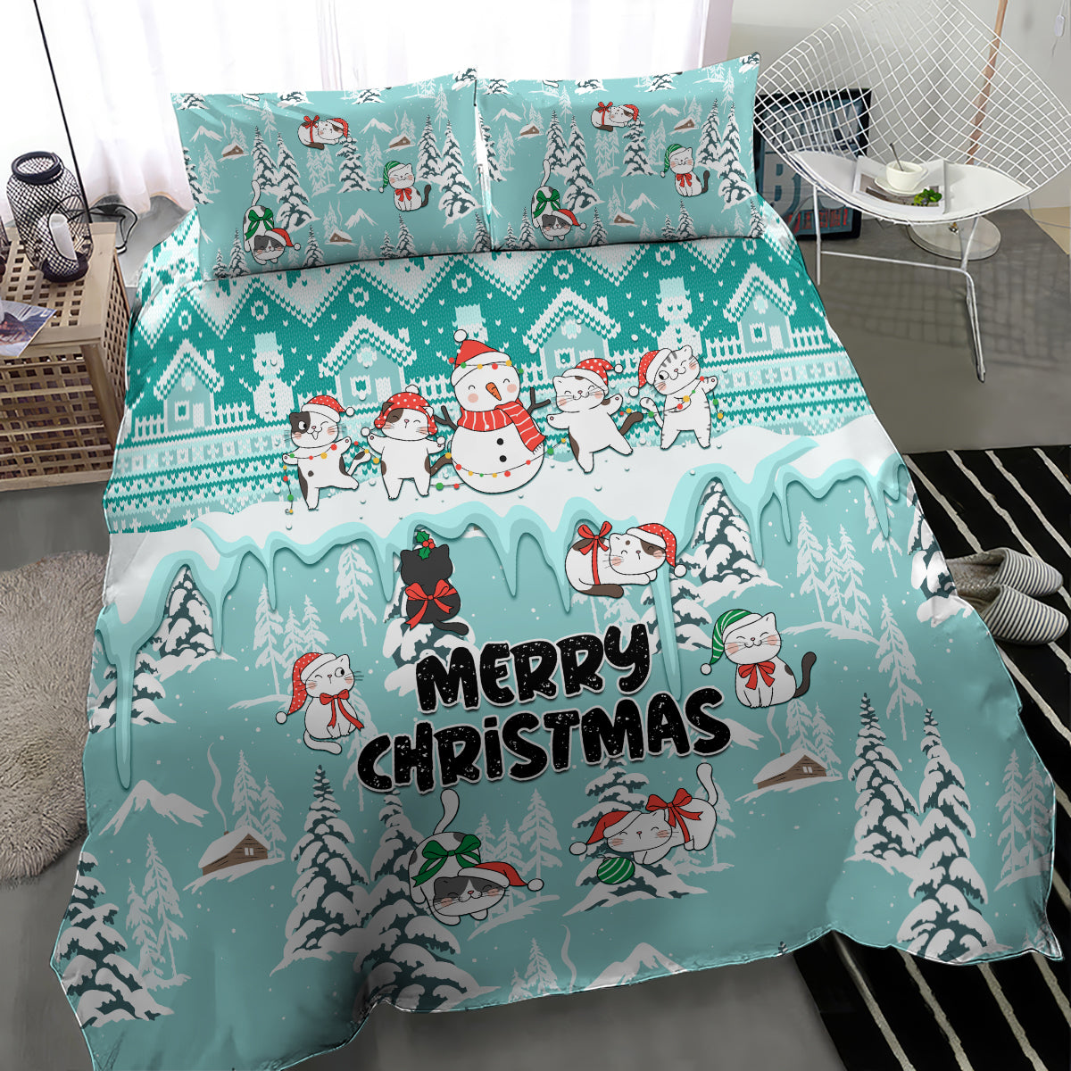 Turquoise Merry Christmas bedding set with cat characters and pine tree winter pattern