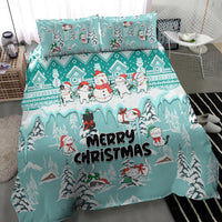 Turquoise Merry Christmas bedding set with cat characters and pine tree winter pattern