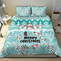 Turquoise Christmas duvet set with cats, snowman, pine trees, and “Merry Christmas”