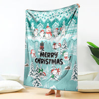 Turquoise Christmas cat blanket with snowman and “Merry Christmas” text