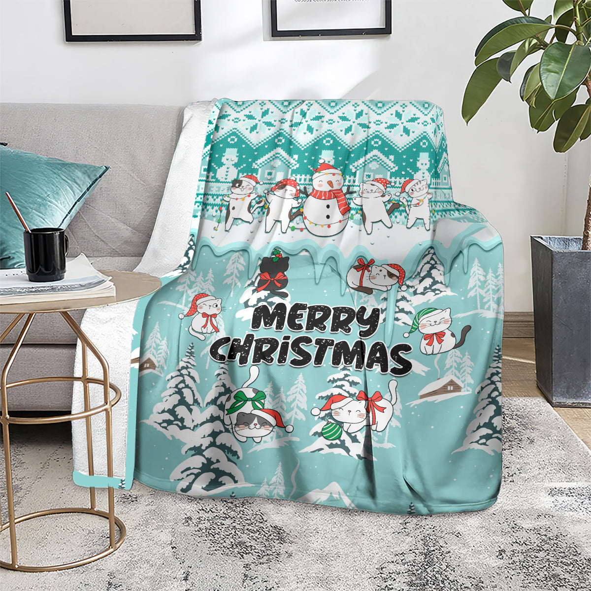 Turquoise Christmas cat blanket with snowy forest scenery and “Merry Christmas”