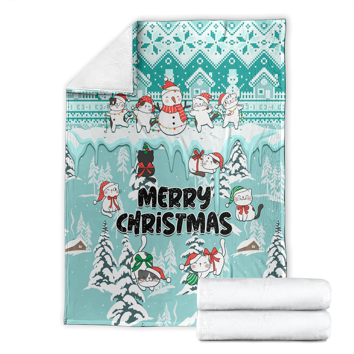 Turquoise Christmas cat blanket with snowman and “Merry Christmas” text, folded set