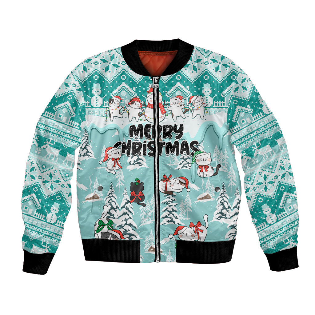 Turquoise unisex Christmas bomber jacket with cat and snowman winter scene, Merry Christmas