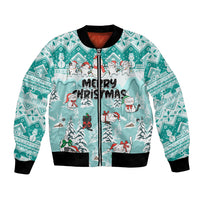 Turquoise unisex Christmas bomber jacket with cat and snowman winter scene, Merry Christmas