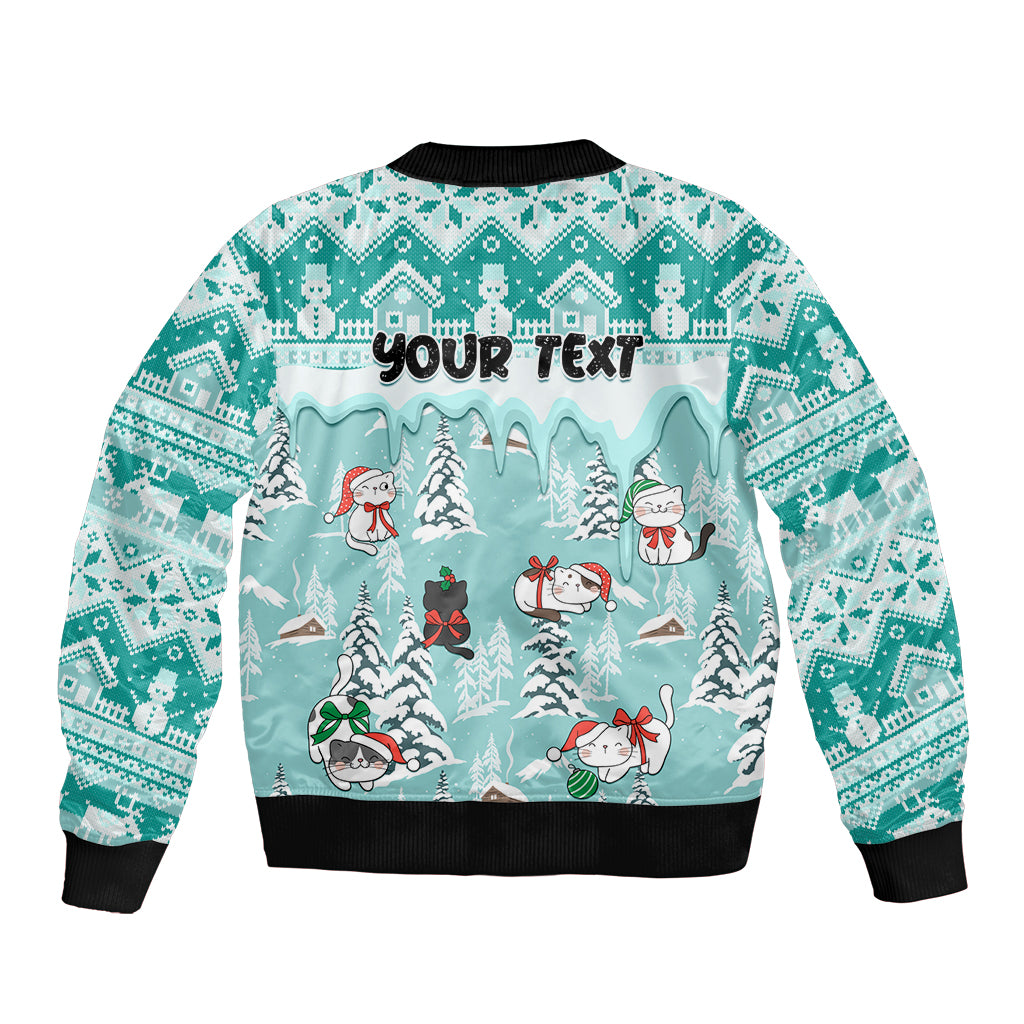 Turquoise unisex Christmas bomber jacket with cat and snowman winter scene, Your Text