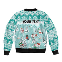 Turquoise unisex Christmas bomber jacket with cat and snowman winter scene, Your Text
