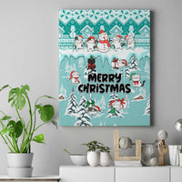 Turquoise Christmas canvas wall art with cats, snowmen, and Merry Christmas text