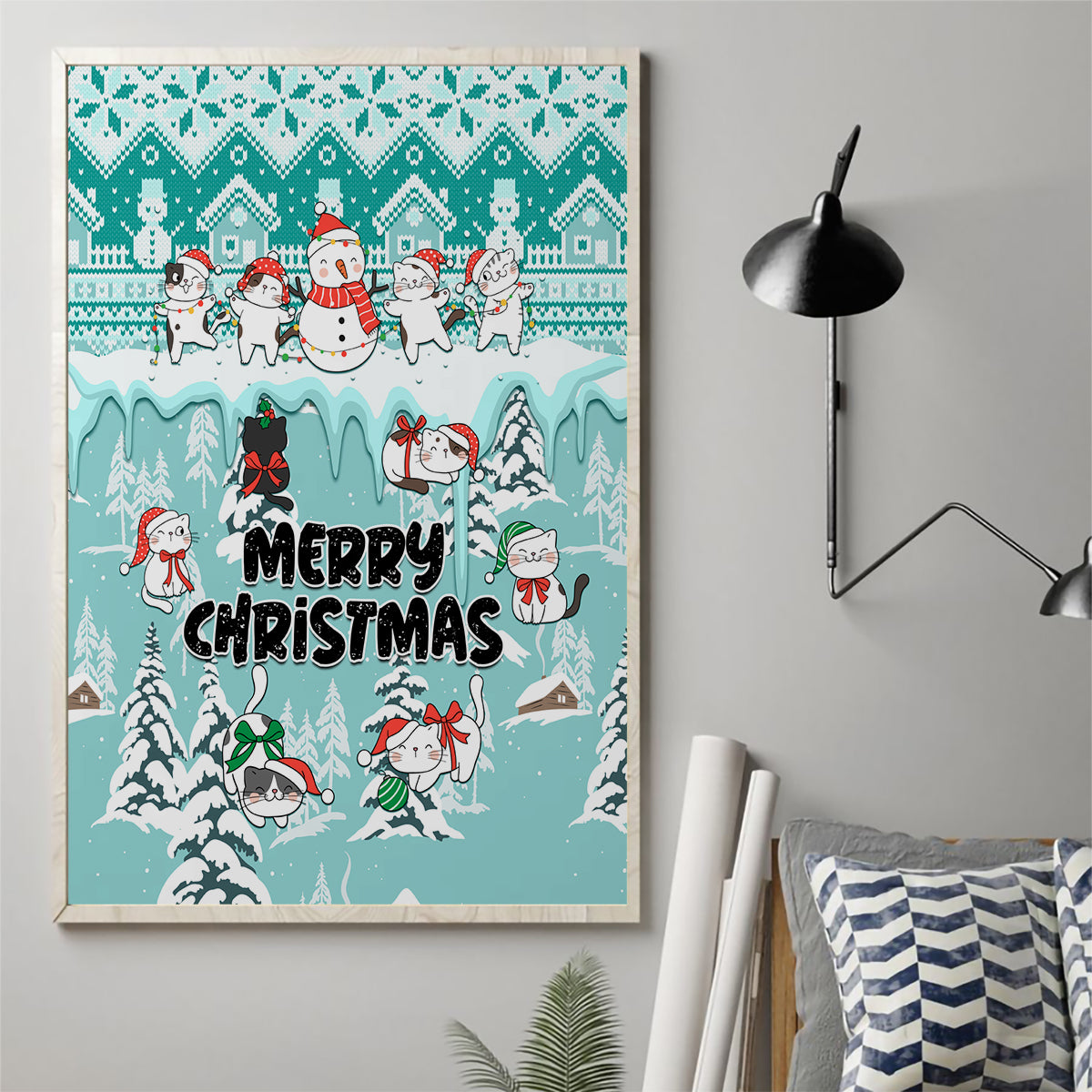 Turquoise Christmas canvas wall art of cats and snowmen with Merry Christmas lettering