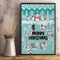 Framed turquoise Christmas canvas wall art with cats, snowmen, and Merry Christmas