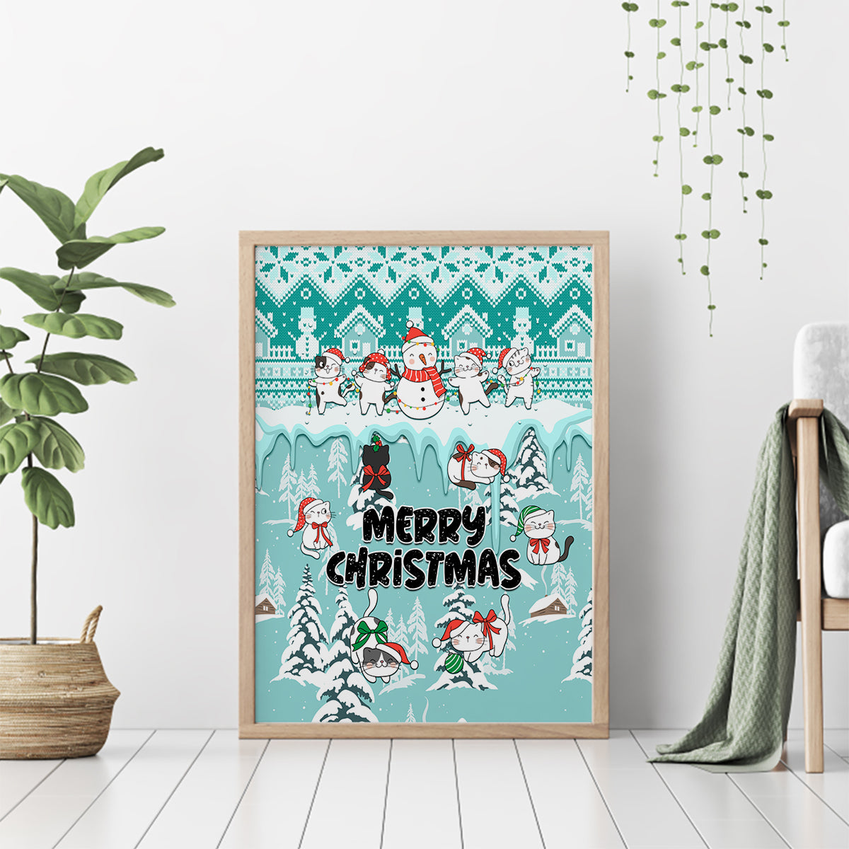 Wood-framed turquoise Christmas canvas wall art featuring cats and snowmen, Merry Christmas