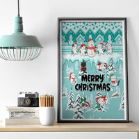 Dark-framed turquoise Christmas canvas wall art with cats, snowmen, and Merry Christmas