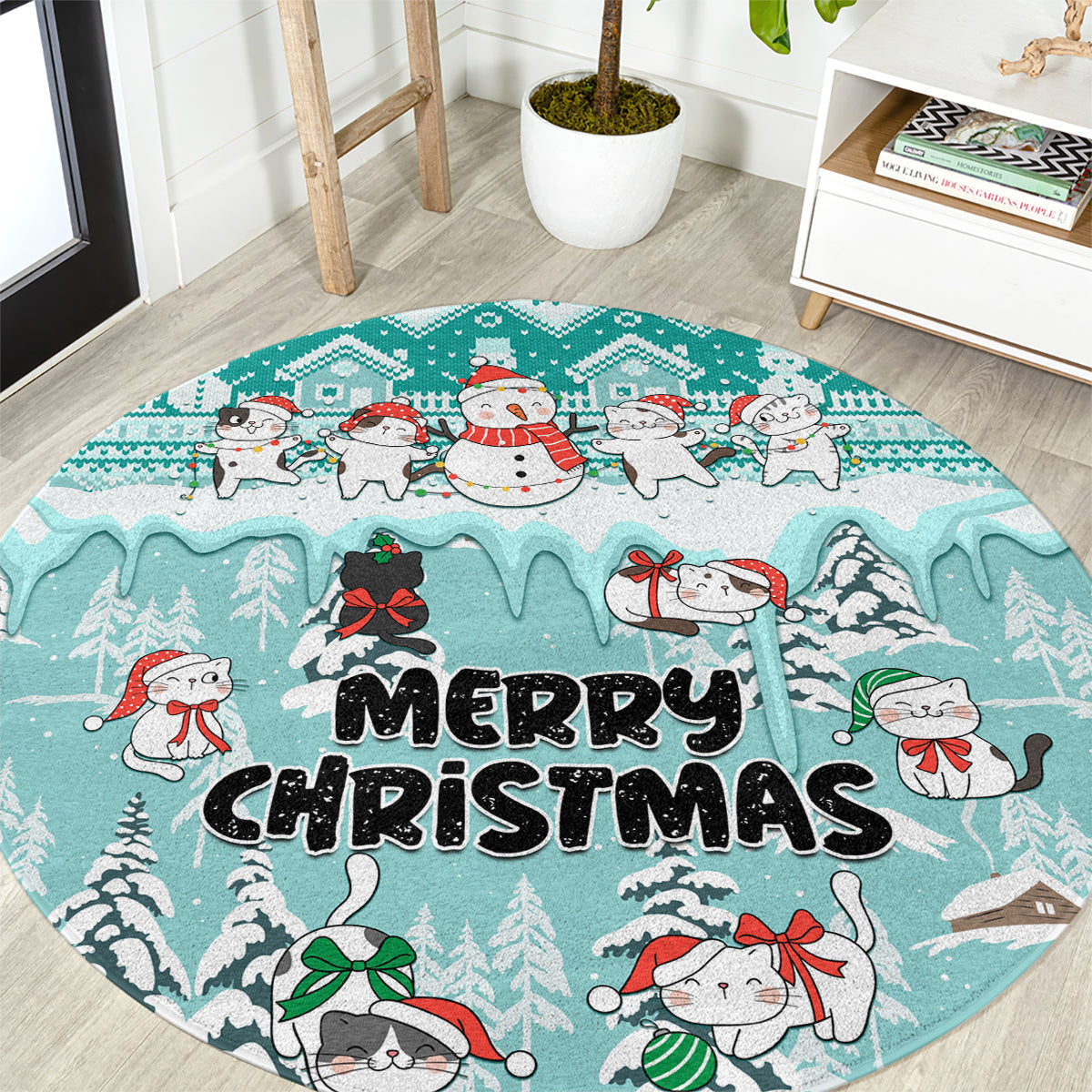 Turquoise round Christmas cat rug with snowman and 'Merry Christmas' lettering