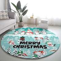 Turquoise round Christmas cat rug with snowman, winter cats, and bold 'Merry Christmas'