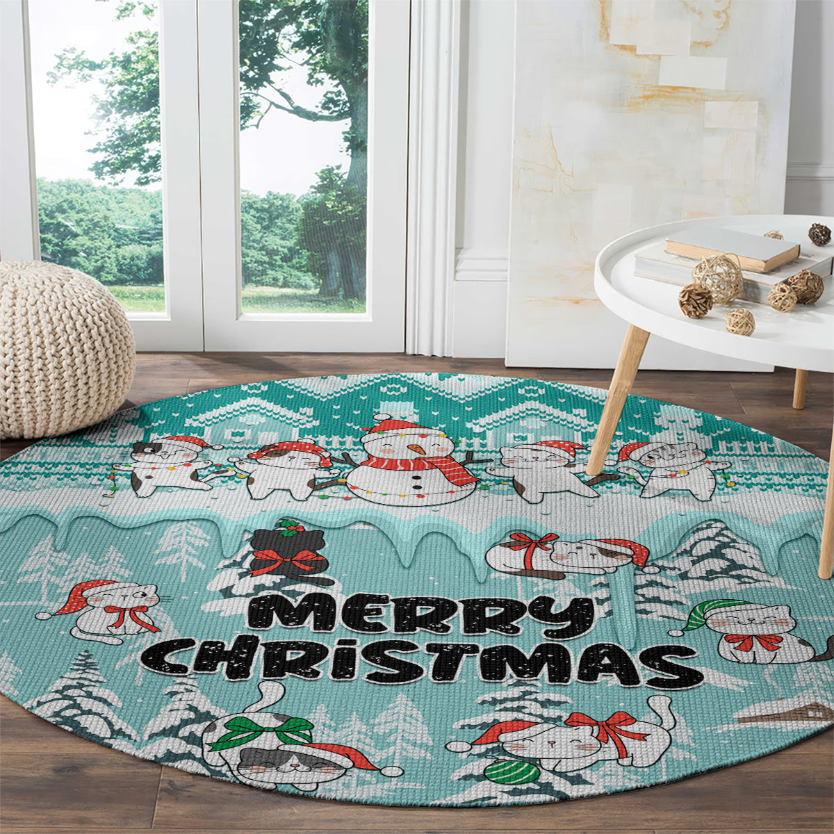 Turquoise round Christmas cat rug with cats, snowman, and 'Merry Christmas' center text